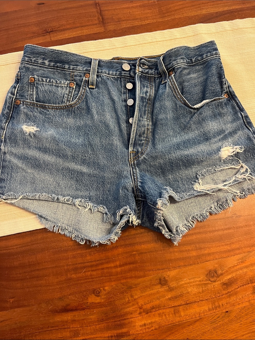 Levi's 501 Distressed High-Rise Denim Cutoffs in Blue size 30